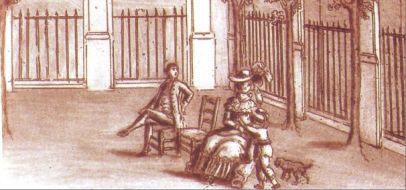 Le comte de la Motte accoste Nicole d’Oliva dans les jardins du Palais-Royal. BnF